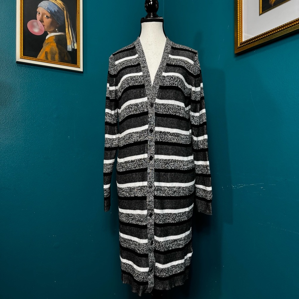 Tommy Hilfiger Striped Black White Long Tunic Cardigan Dress Length Sweater Sz M